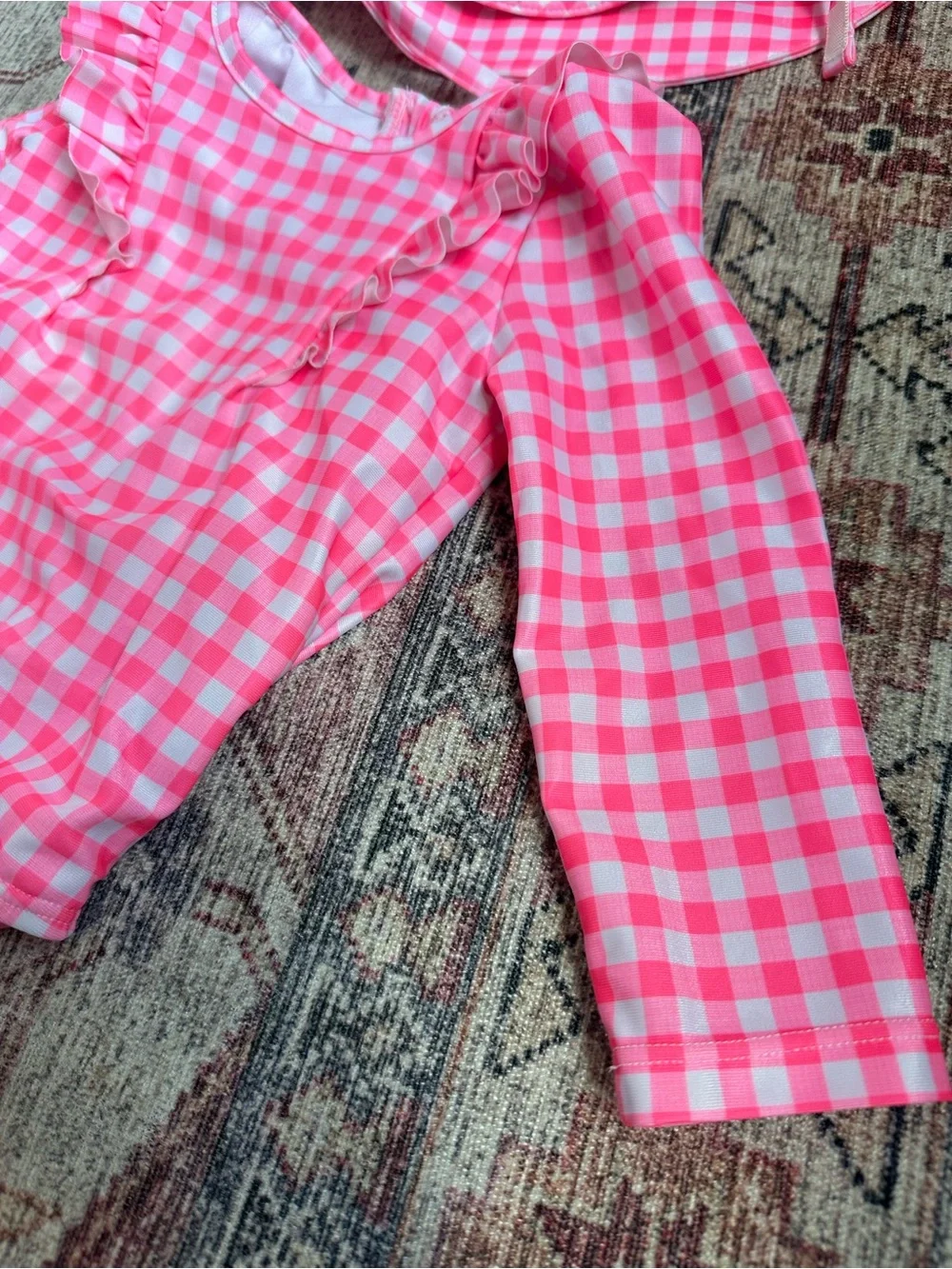 GAP Hot Pink Gingham Long-Sleeve Rashguard with Matching Sun Hat - 12-18M
